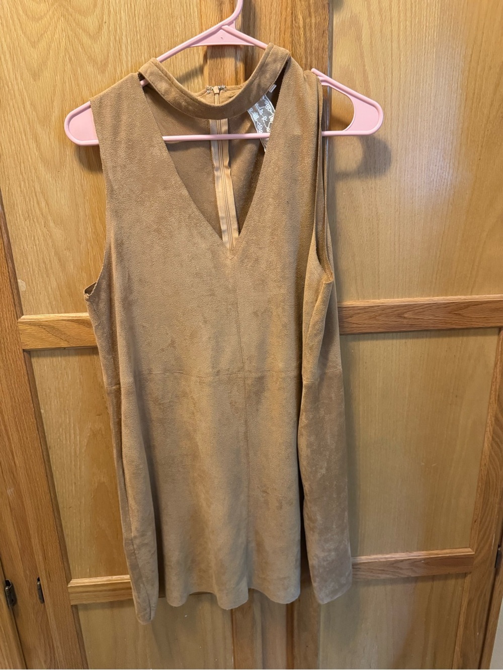 Sleeveless Faux Suede Shift Dress in Camel with pockets